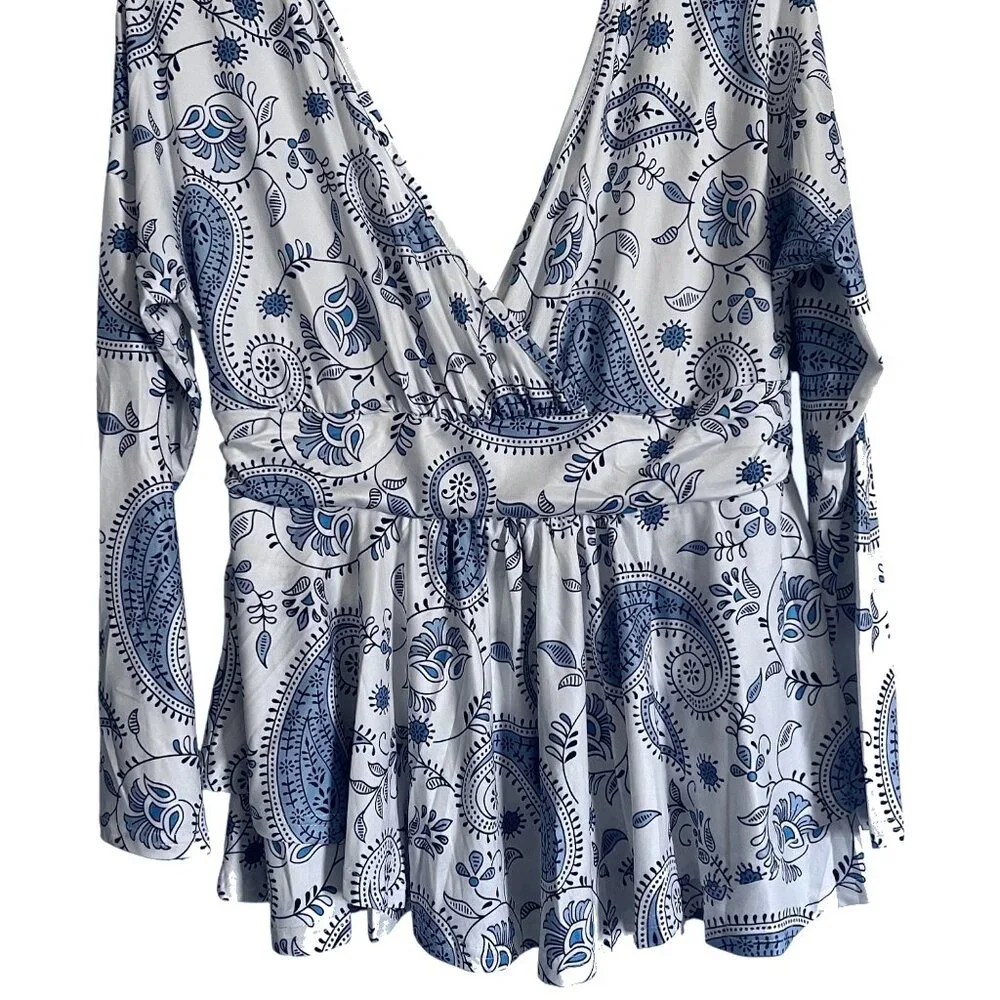 Plus Size V-Neck Banded Waist Promenade Boho Paisley Wrap Peplum Floral Top - Picture 6 of 7